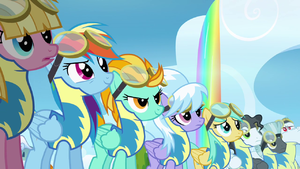 Wonderbolt Trainees looking at the Dizzitron S3E7.png