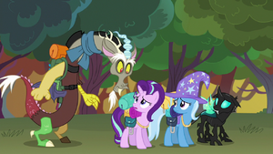 Trixie, Thorax, and Discord look at Starlight Glimmer S6E25.png