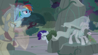 Rainbow and Rarity hide behind Flash and Mistmane S7E25.png