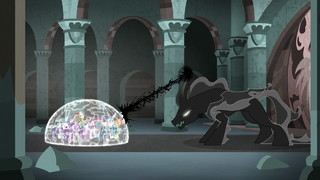 Pony of Shadows fires magic at the ponies' barrier S7E26.png