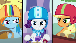 Rainbow Dash, Rarity and AJ ready to race S6E14.png