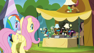 Rainbow and Fluttershy approaching Stellar Eclipse's stall S4E22.png