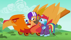 Scootaloo in a phoenix-themed cart S6E14.png