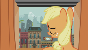 Filly Applejack sighing at Manehattan window S5E25.png