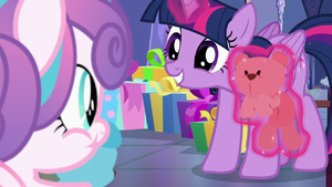 Twilight smiling at Flurry Heart while levitating a teddy bear S7E3.png