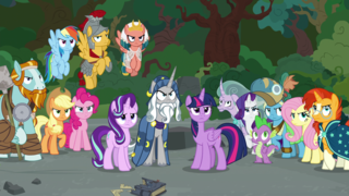 Mane Six, Starlight, Spike, and Pillars stand together S7E26.png