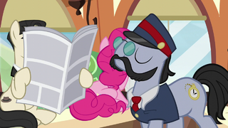 All Aboard walks past a seated Pinkie and a Don Draper-like pony S5E11.png