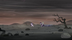 Twilight, Spike, and Starlight on the barren landscape S5E26.png