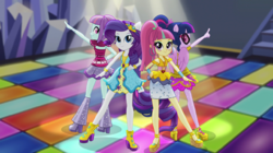 Sunny Flare, Rarity, Sour Sweet and Twilight on dance floor EGS1.png