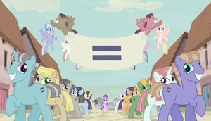 Creepy smiling ponies with equals sign banner S5E1.png