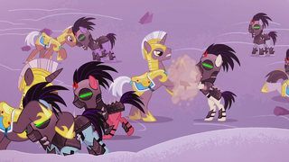 Royal guards and Crystal Ponies brawl S5E25.png
