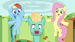 Fluttershy and Rainbow support Zephyr through song S6E11.png