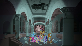 Mane Six and Pillars inside the Well of Shade S7E26.png