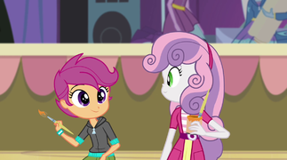 Sweetie Belle and Scootaloo painting a poster EG2.png