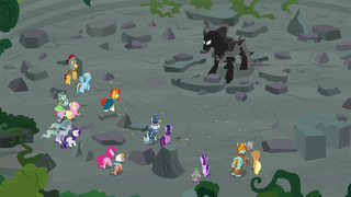 Mane Six, Pillars, and Pony of Shadows in Ponhenge ruins S7E26.png