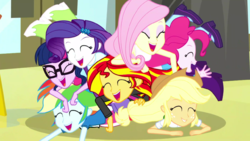 Mane Seven in a pile on the cafeteria floor SS14.png