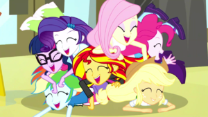 Mane Seven in a pile on the cafeteria floor SS14.png