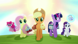 Main ponies walk together in opening sequence MLPRR.png