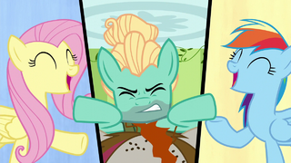 Fluttershy and Rainbow sing while Zephyr struggles S6E11.png