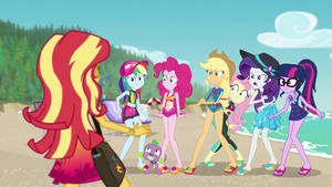 Mane Six looking suspiciously at Sunset EGFF.png