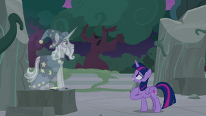 Twilight walks up to Star Swirl's holographic image S7E25.png
