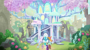 Twilight, Spike, and Young Six enter treehouse S9E3.png