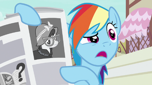 Rainbow Dash holding a newspaper article of A. K. Yearling S7E18.png