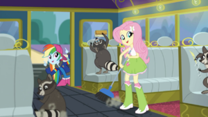 Fluttershy and the raccoons cleaning the tour bus SS13.png