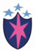 紫色盾牌上的粉色六角星，其上伴有三颗亮蓝色星星