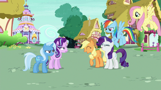 Applejack and Rarity laugh as Rainbow and Fluttershy enter S6E25.png