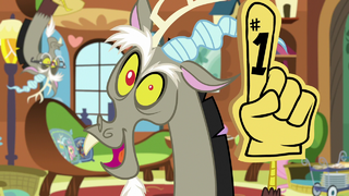 Discord with a foam finger on his claw S7E12.png