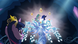 Twilight looking at Celestia and Luna with the Elements of Harmony S4E02.png