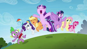 Main cast and Starlight Glimmer jump in happiness S5E26.png