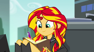 Sunset writing a friendship report to Princess Twilight EG2.png