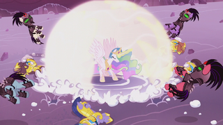 Princess Celestia blows the Crystal Ponies away S5E25.png