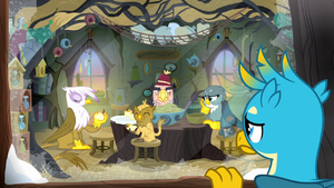 Gallus looks at griffons through the window S8E16.png