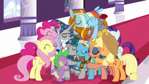 Main ponies and Pillars in a group hug S7E26.png