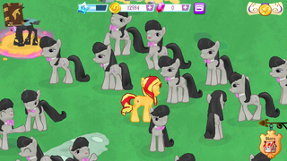 Sunset Shimmer surrounded by Octavias (MLP mobile game).png