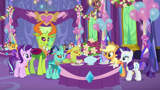 Applejack and Rarity talking to changelings S7E1.png