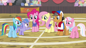 RD, Fluttershy, Pinkie, and Quibble on the buckball field S9E6.png