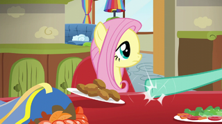 Zephyr pushing Fluttershy's lunch plate aside S6E11.png
