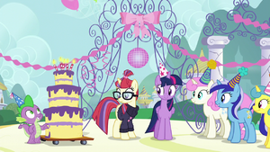 Twilight, Spike, and old friends gather around Moon Dancer S5E12.png