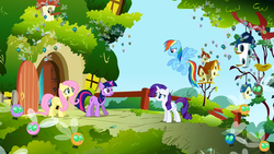 Main ponies at Fluttershy's cottage looking nervous S1E10.png