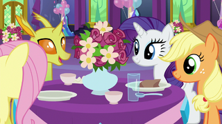 AJ, Fluttershy, Rarity, and a changeling talking S7E1.png